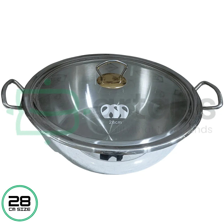 Alpha Stainless Steel Encapsulated Bottom 28CM Karhai Wok With Glass Lids, Available at Bartans.pk. Perfect for Gas, Electric, and Select Induction Stoves, It’s Ideal for Cooking a Variety of Dishes. Explore Alpha Products Like Alpha Glory Casseroles, Alpha Cuisine Casseroles, Alpha Frypans, Alpha Casserole Sets, Alpha Saucepans, Alpha Steamers,Alpha Pressure Cookers and Especially Alpha Stainless Woks for a Complete Cooking Solution.