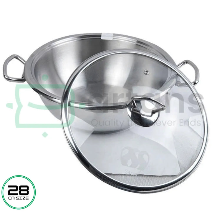 Alpha Stainless Steel Encapsulated Bottom 28CM Karhai Wok With Glass Lids, Available at Bartans.pk. Perfect for Gas, Electric, and Select Induction Stoves, It’s Ideal for Cooking a Variety of Dishes. Explore Alpha Products Like Alpha Glory Casseroles, Alpha Cuisine Casseroles, Alpha Frypans, Alpha Casserole Sets, Alpha Saucepans, Alpha Steamers,Alpha Pressure Cookers and Especially Alpha Stainless Woks for a Complete Cooking Solution.