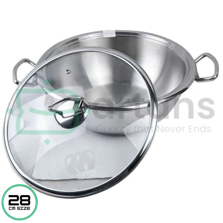 Alpha Stainless Steel Encapsulated Bottom 28CM Karhai Wok With Glass Lids, Available at Bartans.pk. Perfect for Gas, Electric, and Select Induction Stoves, It’s Ideal for Cooking a Variety of Dishes. Explore Alpha Products Like Alpha Glory Casseroles, Alpha Cuisine Casseroles, Alpha Frypans, Alpha Casserole Sets, Alpha Saucepans, Alpha Steamers,Alpha Pressure Cookers and Especially Alpha Stainless Woks for a Complete Cooking Solution.