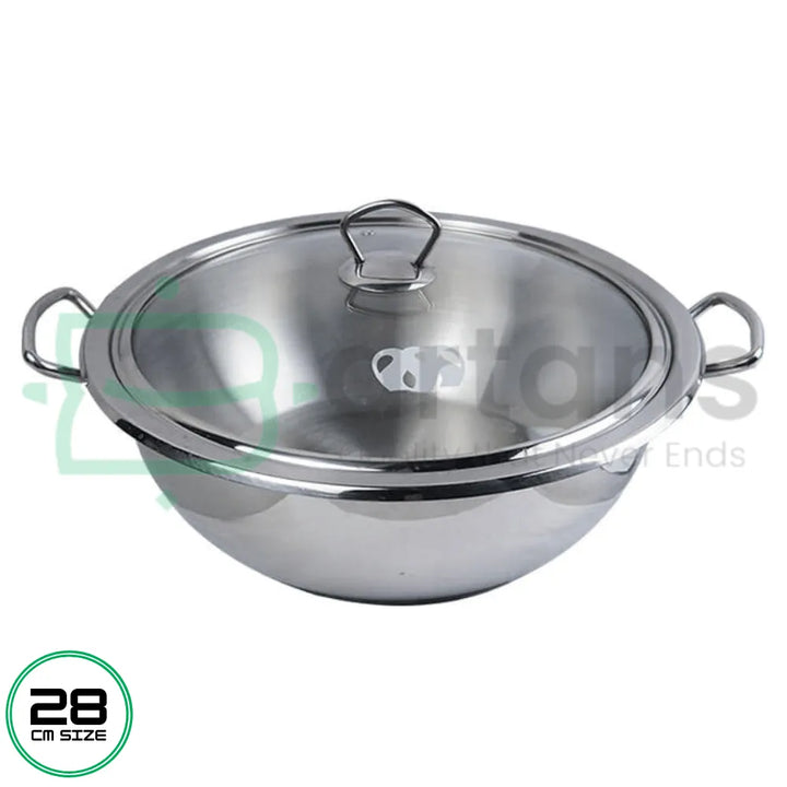 Alpha Stainless Steel Encapsulated Bottom 28CM Karhai Wok With Glass Lids, Available at Bartans.pk. Perfect for Gas, Electric, and Select Induction Stoves, It’s Ideal for Cooking a Variety of Dishes. Explore Alpha Products Like Alpha Glory Casseroles, Alpha Cuisine Casseroles, Alpha Frypans, Alpha Casserole Sets, Alpha Saucepans, Alpha Steamers,Alpha Pressure Cookers and Especially Alpha Stainless Woks for a Complete Cooking Solution.