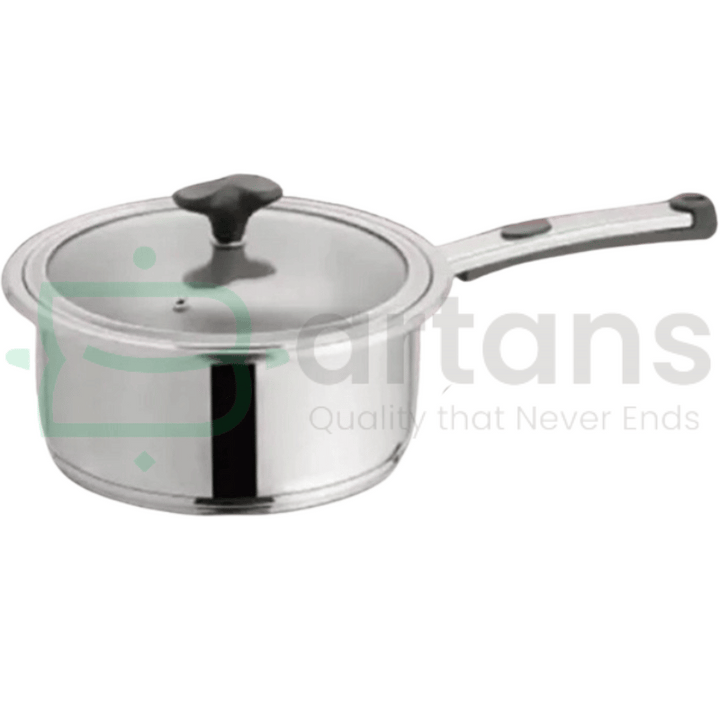 Alpha Stainless Steel Encapsulated Bottom 18CM Sauce Pans with Glass Lids. - BARTANS.PK