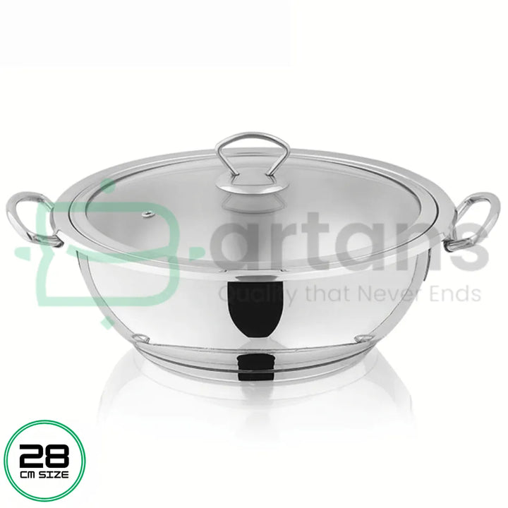 Alpha Stainless Steel Encapsulated Bottom 28CM Karhai Wok With Glass Lids, Available at Bartans.pk. Perfect for Gas, Electric, and Select Induction Stoves, It’s Ideal for Cooking a Variety of Dishes. Explore Alpha Products Like Alpha Glory Casseroles, Alpha Cuisine Casseroles, Alpha Frypans, Alpha Casserole Sets, Alpha Saucepans, Alpha Steamers,Alpha Pressure Cookers and Especially Alpha Stainless Woks for a Complete Cooking Solution.