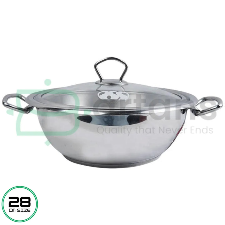 Alpha Stainless Steel Encapsulated Bottom 28CM Karhai Wok With Glass Lids, Available at Bartans.pk. Perfect for Gas, Electric, and Select Induction Stoves, It’s Ideal for Cooking a Variety of Dishes. Explore Alpha Products Like Alpha Glory Casseroles, Alpha Cuisine Casseroles, Alpha Frypans, Alpha Casserole Sets, Alpha Saucepans, Alpha Steamers,Alpha Pressure Cookers and Especially Alpha Stainless Woks for a Complete Cooking Solution.