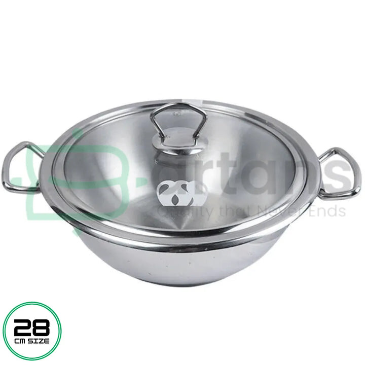 Alpha Stainless Steel Encapsulated Bottom 28CM Karhai Wok With Glass Lids, Available at Bartans.pk. Perfect for Gas, Electric, and Select Induction Stoves, It’s Ideal for Cooking a Variety of Dishes. Explore Alpha Products Like Alpha Glory Casseroles, Alpha Cuisine Casseroles, Alpha Frypans, Alpha Casserole Sets, Alpha Saucepans, Alpha Steamers,Alpha Pressure Cookers and Especially Alpha Stainless Woks for a Complete Cooking Solution.