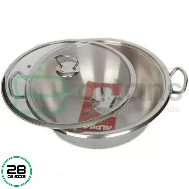 Alpha Stainless Steel Encapsulated Bottom 28CM Karhai Wok With Glass Lids, Available at Bartans.pk. Perfect for Gas, Electric, and Select Induction Stoves, It’s Ideal for Cooking a Variety of Dishes. Explore Alpha Products Like Alpha Glory Casseroles, Alpha Cuisine Casseroles, Alpha Frypans, Alpha Casserole Sets, Alpha Saucepans, Alpha Steamers,Alpha Pressure Cookers and Especially Alpha Stainless Woks for a Complete Cooking Solution.